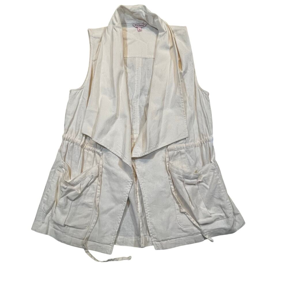 Juicy Couture Beige Linen Blend Vest Womens M White Open Front Drawstring